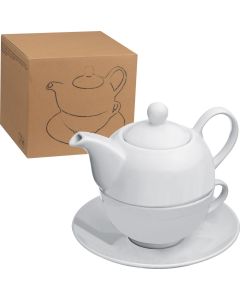 Teekanne mit Tasse und Untersetzer aus Porzellan